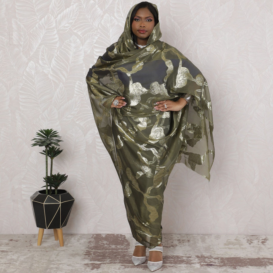 Emerald Twilight Traditional Sudanese Thobe - Synthetic Chiffon with Metallic Lurex, 110cm Width, 4.5 Mtrs Piece-D18455 Regal Fabrics