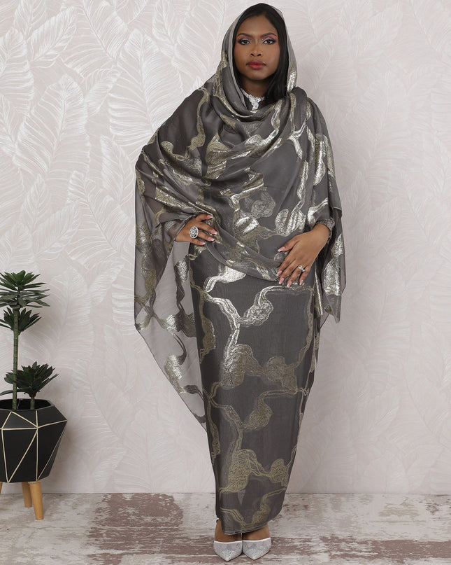 Gunmetal Glam Traditional Sudanese Thobe - Synthetic Chiffon with Metallic Lurex, 110cm Width, 4.5 Mtrs Piece-D18456