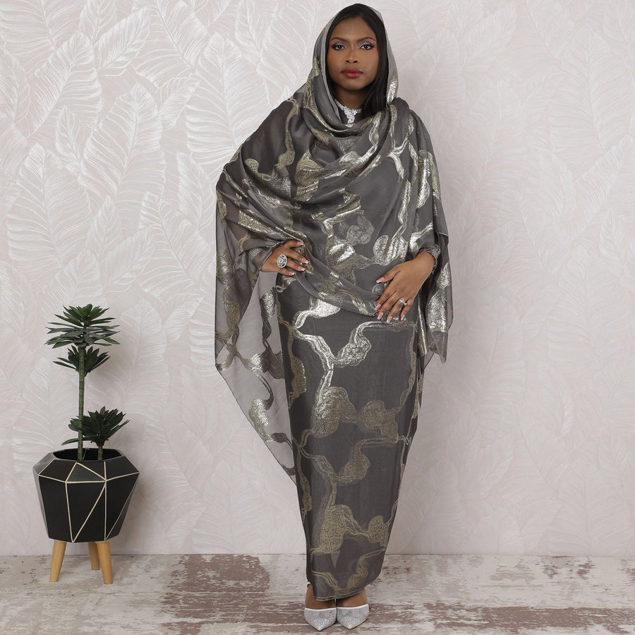 Gunmetal Glam Traditional Sudanese Thobe - Synthetic Chiffon with Metallic Lurex, 110cm Width, 4.5 Mtrs Piece-D18456