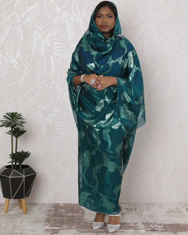 Teal Treasure Traditional Sudanese Thobe - Synthetic Chiffon with Metallic Lurex, 110cm Width, 4.5 Mtrs Piece-D18457 Regal Fabrics
