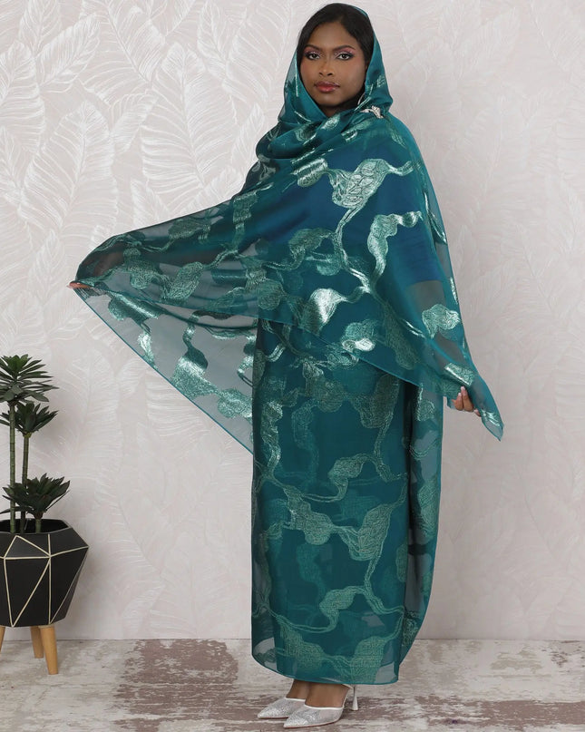 Teal Treasure Traditional Sudanese Thobe - Synthetic Chiffon with Metallic Lurex, 110cm Width, 4.5 Mtrs Piece-D18457 Regal Fabrics