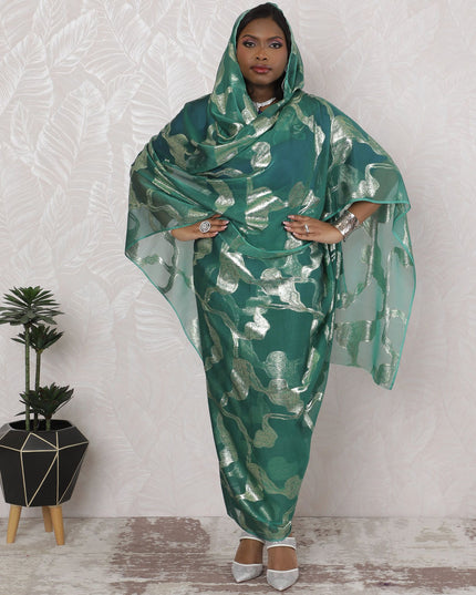 Jade Essence Traditional Sudanese Thobe - Synthetic Chiffon with Metallic Lurex, 110cm Width, 4.5 Mtrs Piece-D18458