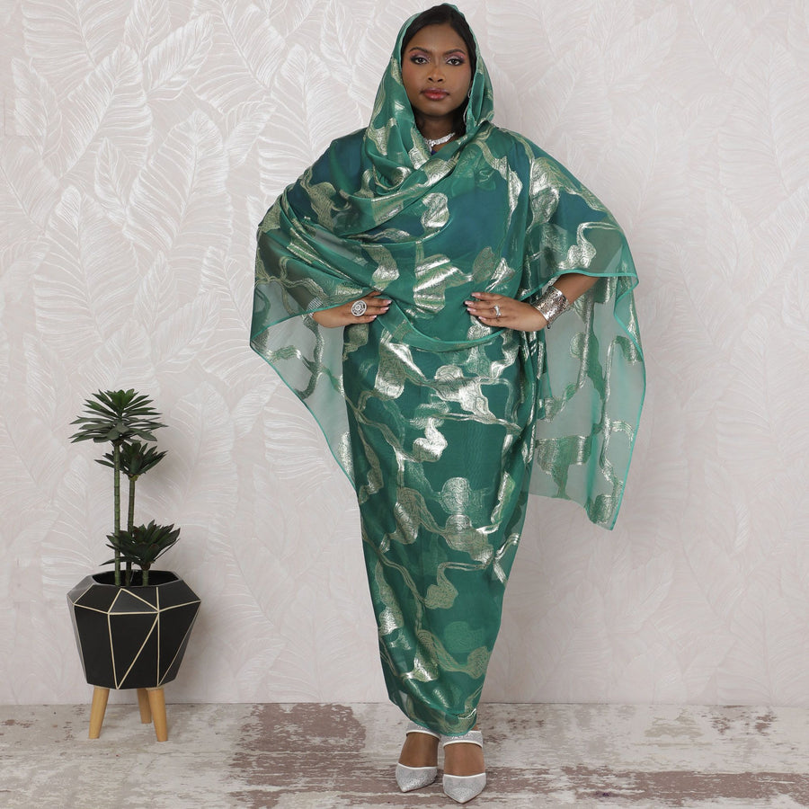 Jade Essence Traditional Sudanese Thobe - Synthetic Chiffon with Metallic Lurex, 110cm Width, 4.5 Mtrs Piece-D18458
