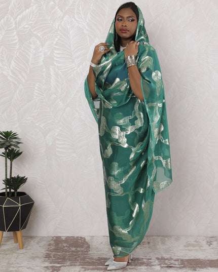 Jade Essence Traditional Sudanese Thobe - Synthetic Chiffon with Metallic Lurex, 110cm Width, 4.5 Mtrs Piece-D18458