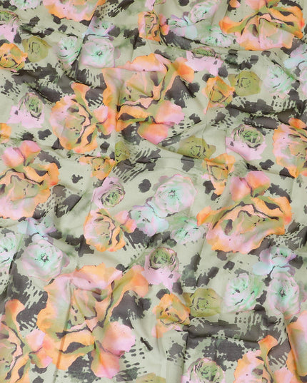 Sage green Swiss 100% cotton voile fabric with baby pink, peach, black and olive green print in floral design-D7203 Regal Fabrics