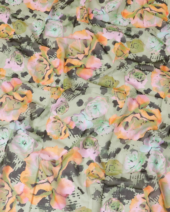 Sage green Swiss 100% cotton voile fabric with baby pink, peach, black and olive green print in floral design-D7203 Regal Fabrics