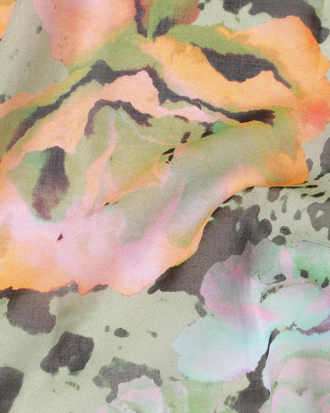 Sage green Swiss 100% cotton voile fabric with baby pink, peach, black and olive green print in floral design-D7203 Regal Fabrics