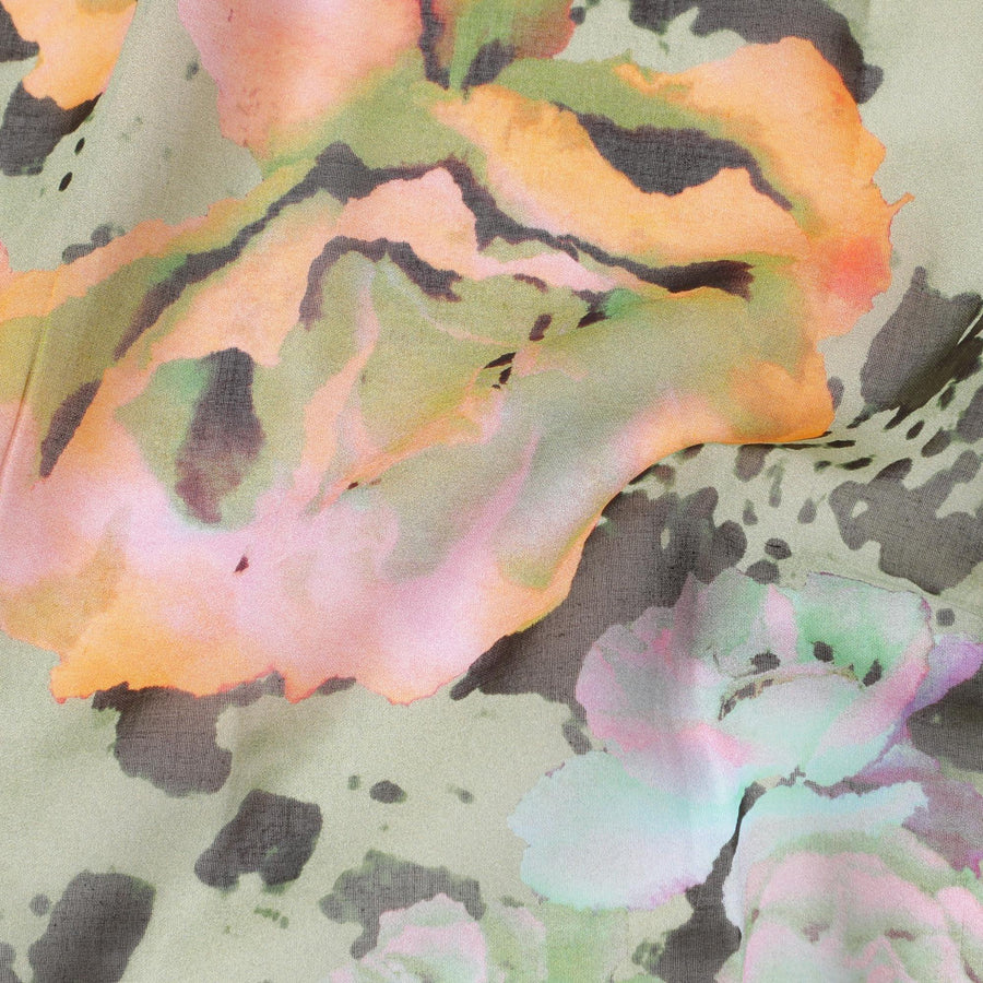 Sage green Swiss 100% cotton voile fabric with baby pink, peach, black and olive green print in floral design-D7203 Regal Fabrics