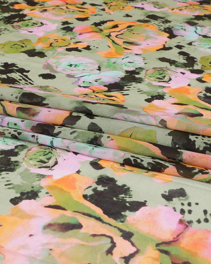 Sage green Swiss 100% cotton voile fabric with baby pink, peach, black and olive green print in floral design-D7203 Regal Fabrics