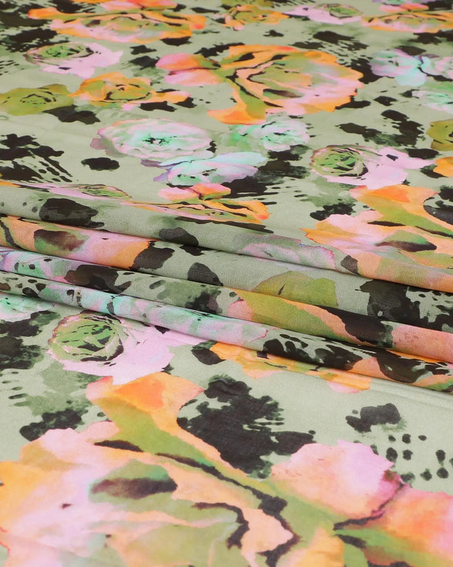 Sage green Swiss 100% cotton voile fabric with baby pink, peach, black and olive green print in floral design-D7203 Regal Fabrics