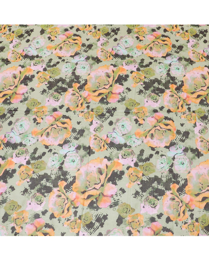 Sage green Swiss 100% cotton voile fabric with baby pink, peach, black and olive green print in floral design-D7203 Regal Fabrics