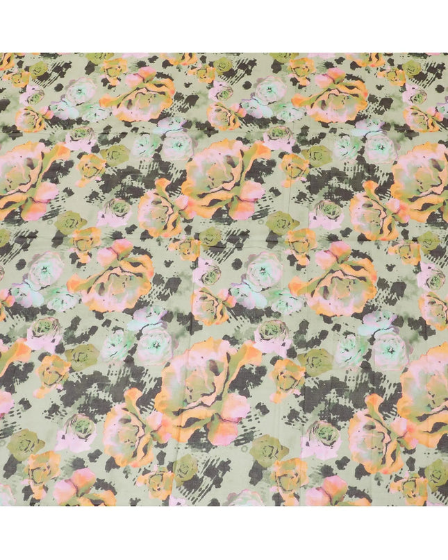 Sage green Swiss 100% cotton voile fabric with baby pink, peach, black and olive green print in floral design-D7203 Regal Fabrics