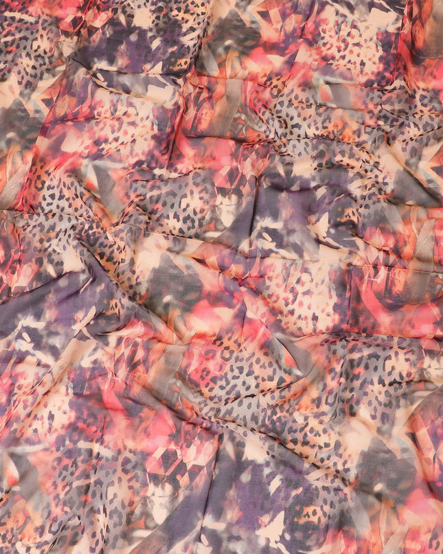 Light peach Swiss 100% cotton voile fabric with hot pink, purple, black and dark olive green print in Abstract design-D7204