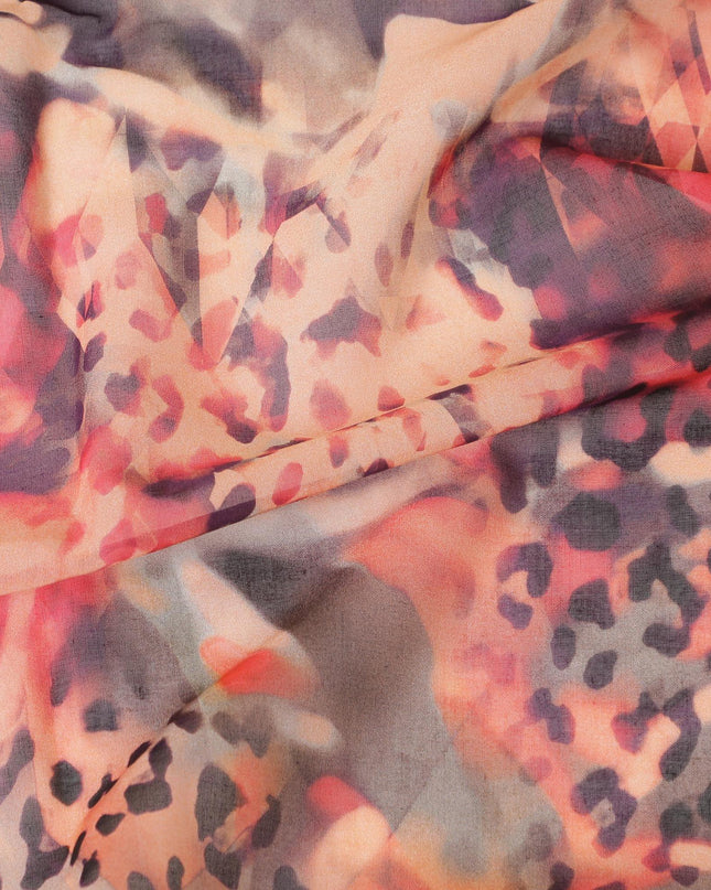 Light peach Swiss 100% cotton voile fabric with hot pink, purple, black and dark olive green print in Abstract design-D7204