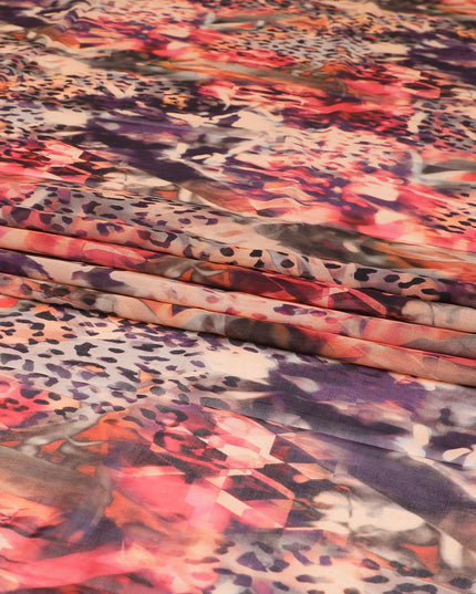 Light peach Swiss 100% cotton voile fabric with hot pink, purple, black and dark olive green print in Abstract design-D7204 Regal Fabrics