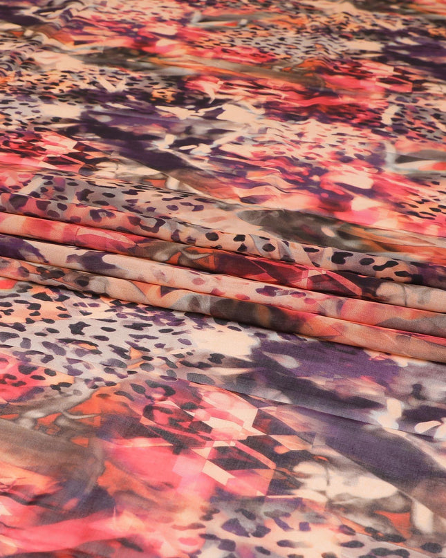 Light peach Swiss 100% cotton voile fabric with hot pink, purple, black and dark olive green print in Abstract design-D7204