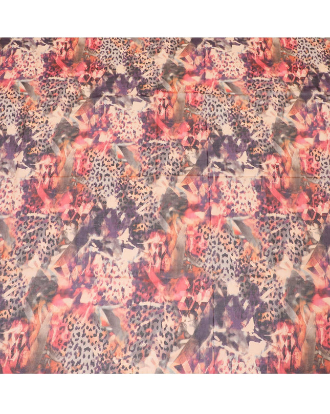 Light peach Swiss 100% cotton voile fabric with hot pink, purple, black and dark olive green print in Abstract design-D7204