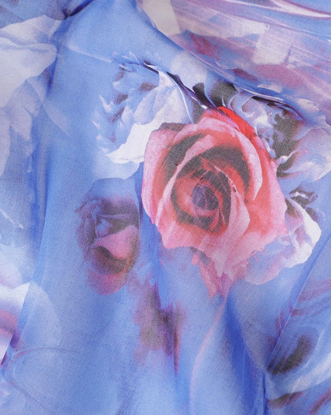 White Swiss 100% cotton voile fabric with blue, lavender, off white and cerise pink print in floral design-D7211 Regal Fabrics