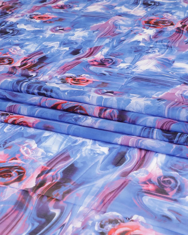White Swiss 100% cotton voile fabric with blue, lavender, off white and cerise pink print in floral design-D7211 Regal Fabrics