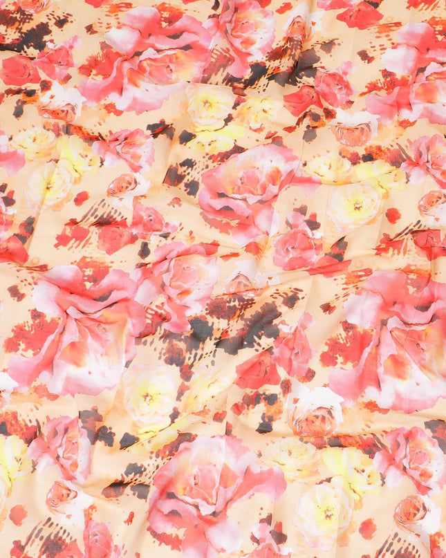 Light peach Swiss 100% cotton voile fabric with ruby red, baby pink, black and orange print in floral design-D7213
