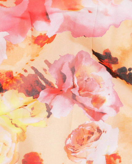 Light peach Swiss 100% cotton voile fabric with ruby red, baby pink, black and orange print in floral design-D7213 Regal Fabrics