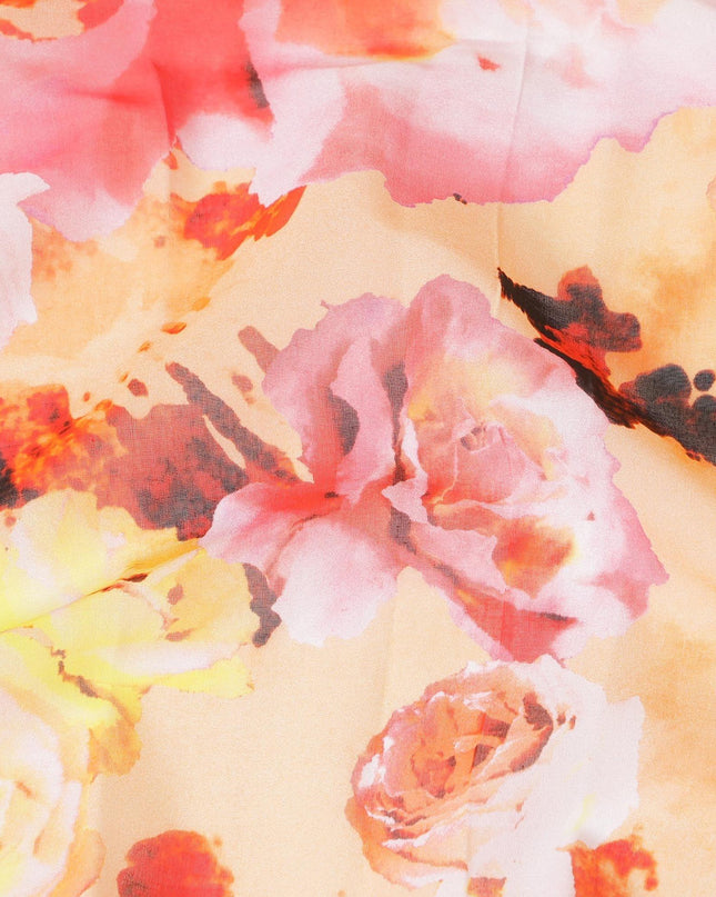 Light peach Swiss 100% cotton voile fabric with ruby red, baby pink, black and orange print in floral design-D7213