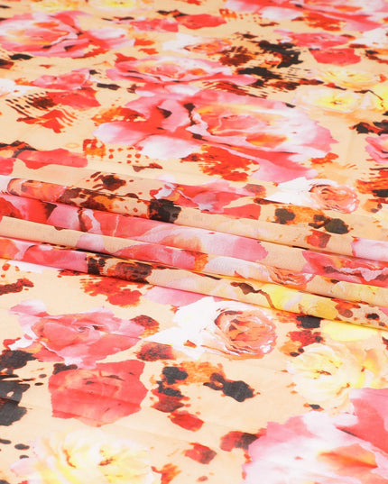 Light peach Swiss 100% cotton voile fabric with ruby red, baby pink, black and orange print in floral design-D7213 Regal Fabrics