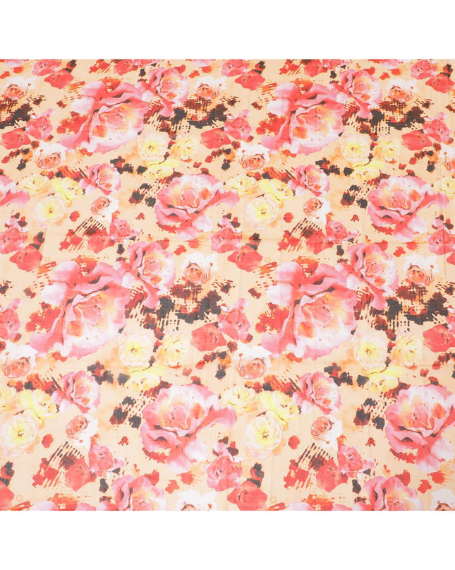 Light peach Swiss 100% cotton voile fabric with ruby red, baby pink, black and orange print in floral design-D7213