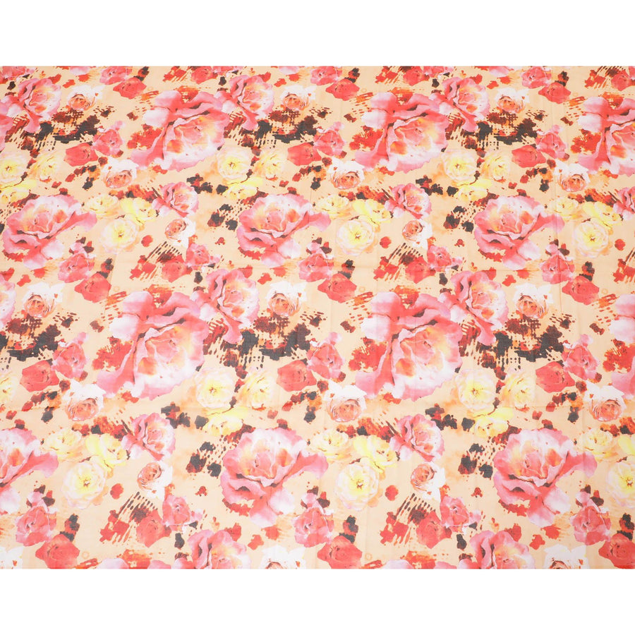 Light peach Swiss 100% cotton voile fabric with ruby red, baby pink, black and orange print in floral design-D7213 Regal Fabrics