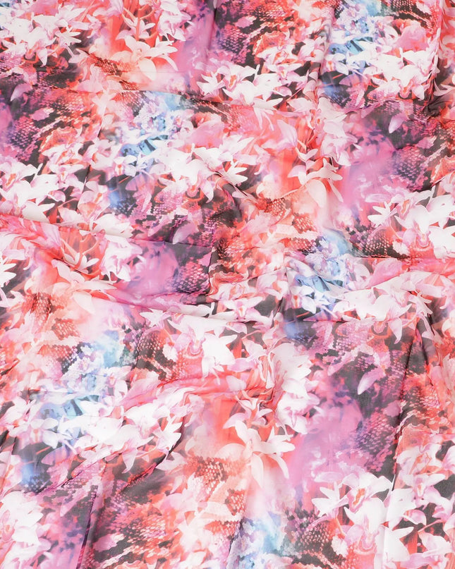 White Swiss 100% cotton voile fabric with baby pink, black, dark orange and off white print in floral design-D7214 Regal Fabrics