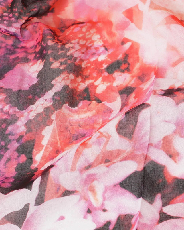 White Swiss 100% cotton voile fabric with baby pink, black, dark orange and off white print in floral design-D7214 Regal Fabrics