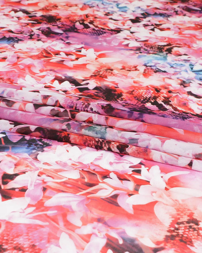White Swiss 100% cotton voile fabric with baby pink, black, dark orange and off white print in floral design-D7214 Regal Fabrics