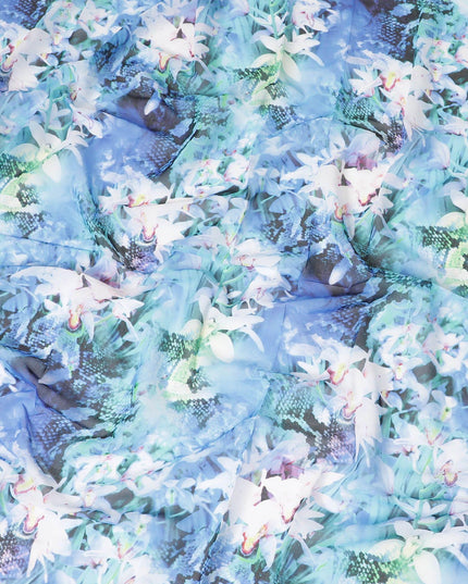 Baby blue Swiss 100% cotton voile fabric with off white, turquoise blue, bottle green and neon green print in floral design-D7215