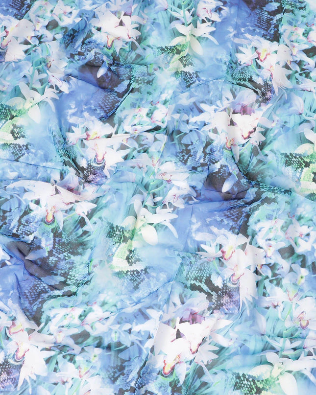 Baby blue Swiss 100% cotton voile fabric with off white, turquoise blue, bottle green and neon green print in floral design-D7215