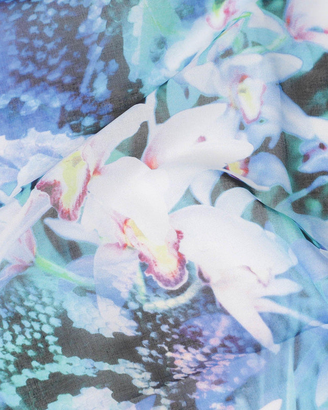 Baby blue Swiss 100% cotton voile fabric with off white, turquoise blue, bottle green and neon green print in floral design-D7215