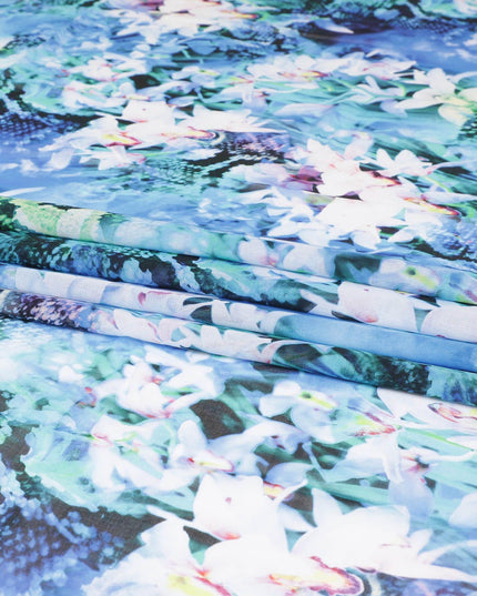 Baby blue Swiss 100% cotton voile fabric with off white, turquoise blue, bottle green and neon green print in floral design-D7215