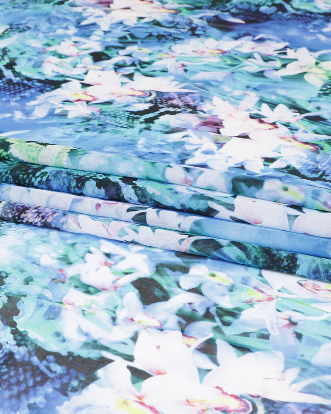 Baby blue Swiss 100% cotton voile fabric with off white, turquoise blue, bottle green and neon green print in floral design-D7215