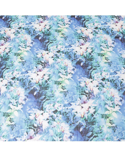 Baby blue Swiss 100% cotton voile fabric with off white, turquoise blue, bottle green and neon green print in floral design-D7215