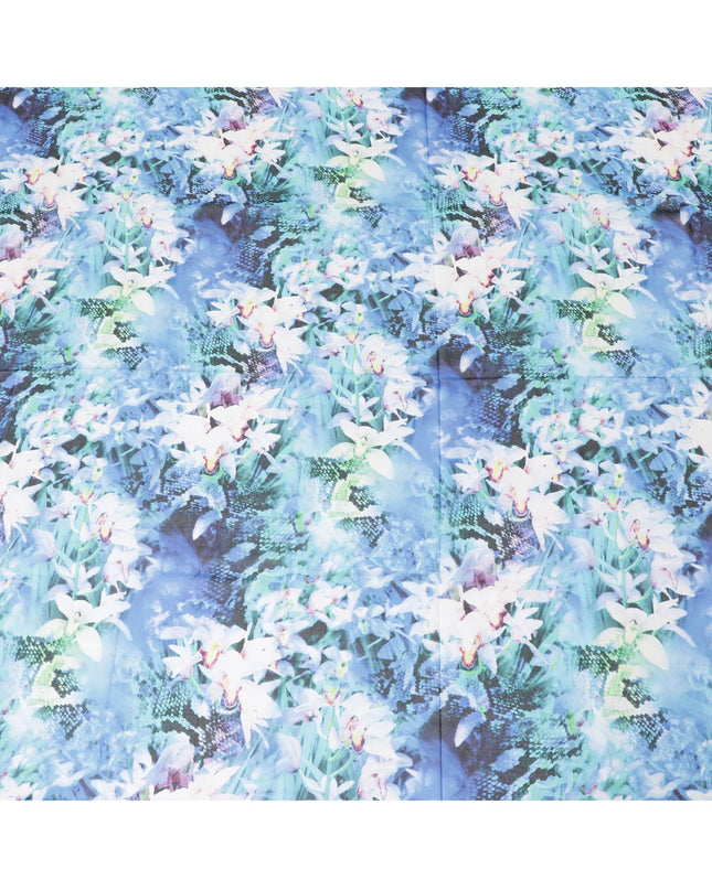 Baby blue Swiss 100% cotton voile fabric with off white, turquoise blue, bottle green and neon green print in floral design-D7215