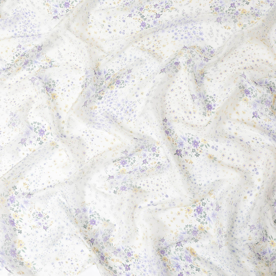 Pearl white silk chiffon fabric with green, purple & yellow digital prints in floral design - D9845