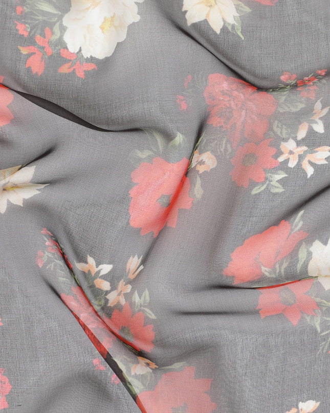 Black silk chiffon fabric with white, green & red digital prints in floral design - D9850
