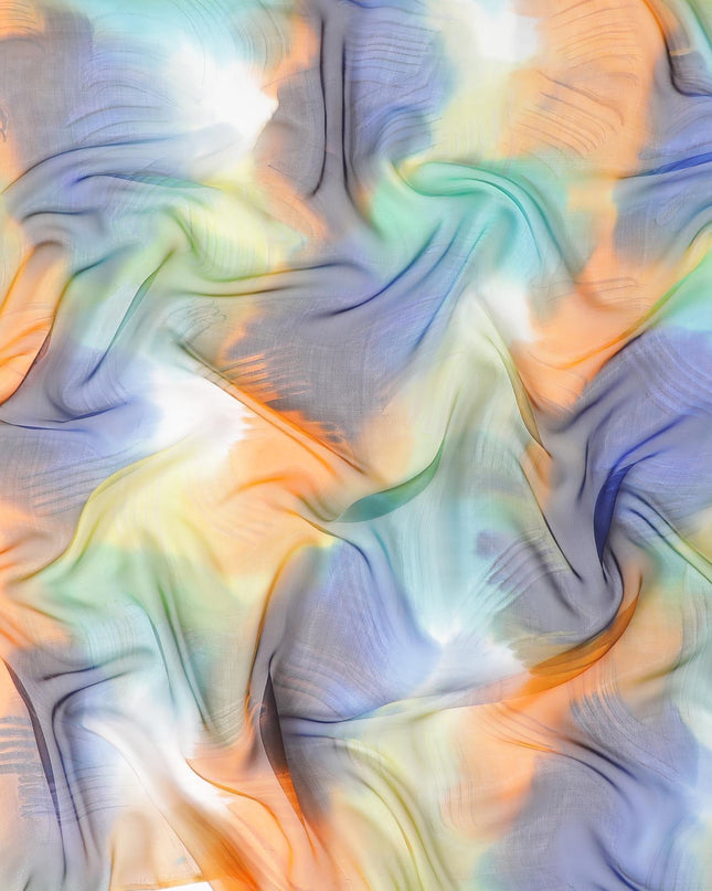 قماش شيفون حريري متعدد الألوان مع طبعات برتقالية وزرقاء وصفراء بتصميم تجريدي - D9856