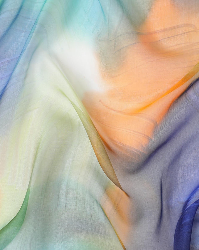 قماش شيفون حريري متعدد الألوان مع طبعات برتقالية وزرقاء وصفراء بتصميم تجريدي - D9856