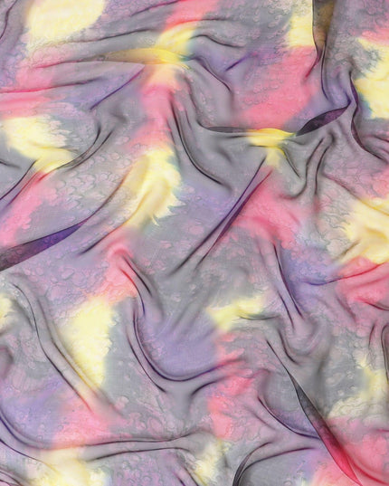 Multi colour silk chiffon fabric with Gold, purple & yellow prints in abstract design - D9857