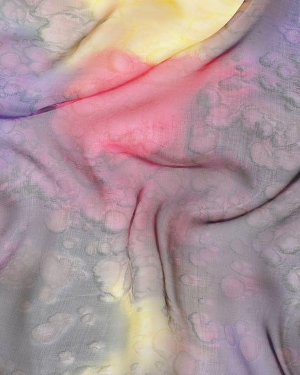 Multi colour silk chiffon fabric with Gold, purple & yellow prints in abstract design - D9857