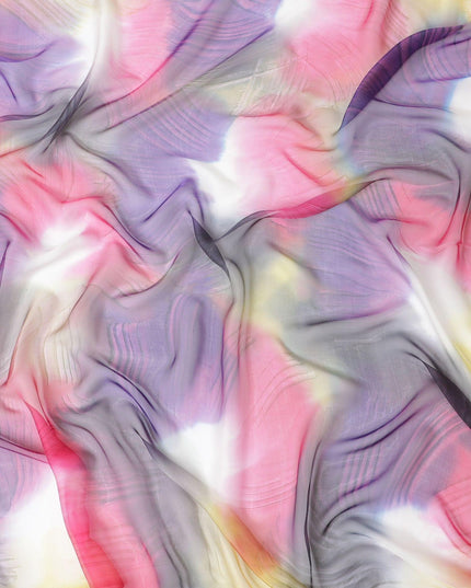 قماش شيفون حريري متعدد الألوان مع طبعات وردية وأرجوانية وصفراء بتصميم تجريدي - D9858