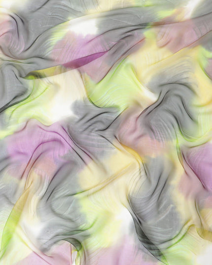 Multi colour silk chiffon fabric with green, purple & yellow prints in abstract design - D9860