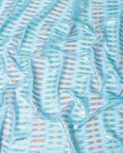 قماش شيفون حريري باللون الفيروزي مع لوركس معدني متعدد الألوان بتصميم فاخر - D9866