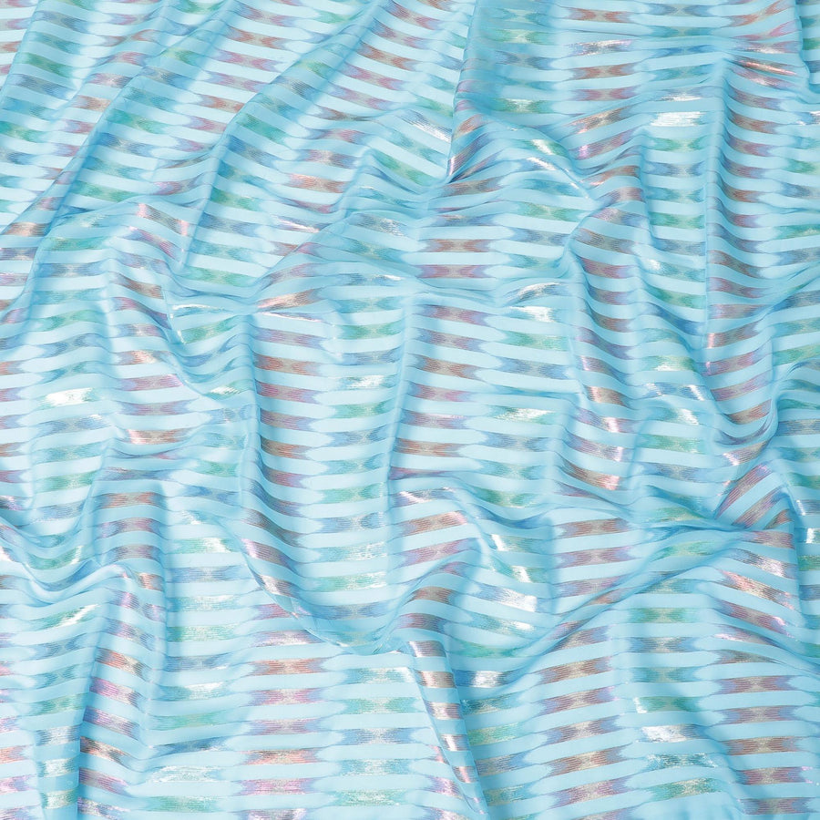 قماش شيفون حريري باللون الفيروزي مع لوركس معدني متعدد الألوان بتصميم فاخر - D9866