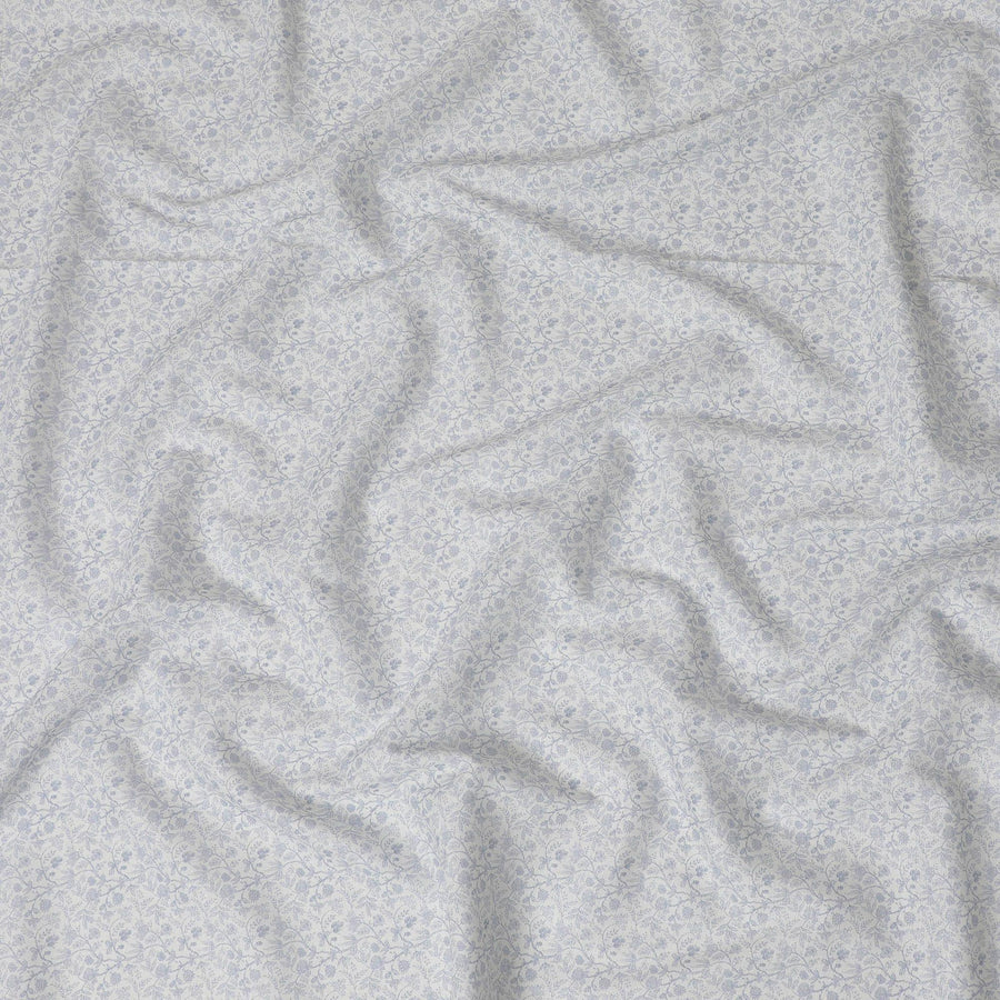 قماش الكتان المخلوط باللون البيج مع طباعة زرقاء بتصميم الأزهار-D15874